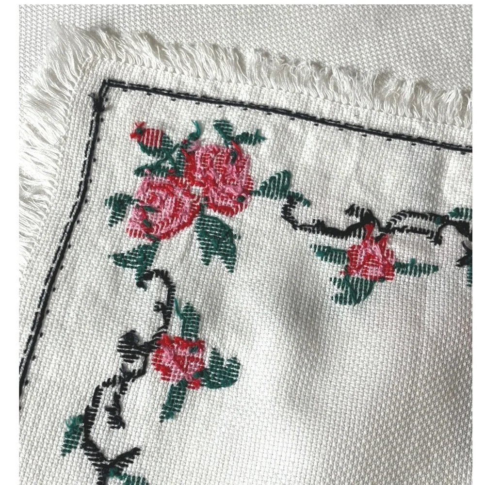 Vtg cross stitch square Table Topper embroidered floral pink red Star fringe